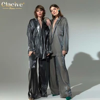 clacive casual loose home suits women spring elegant lace up robes two piece pants set fashion high waist wide trouser suits