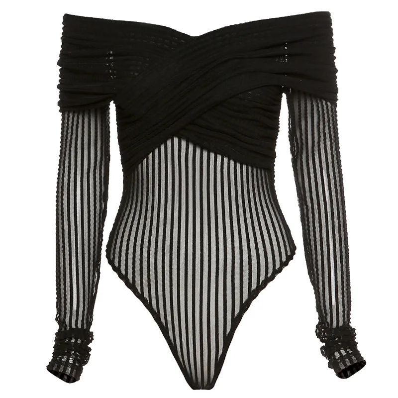 

Mesh Lace See Through Bodysuit Long Sleeve Black Patchwork Bodysuits Sexy Club Party Wild Slim Elegant Off Shoulder Bodysuit