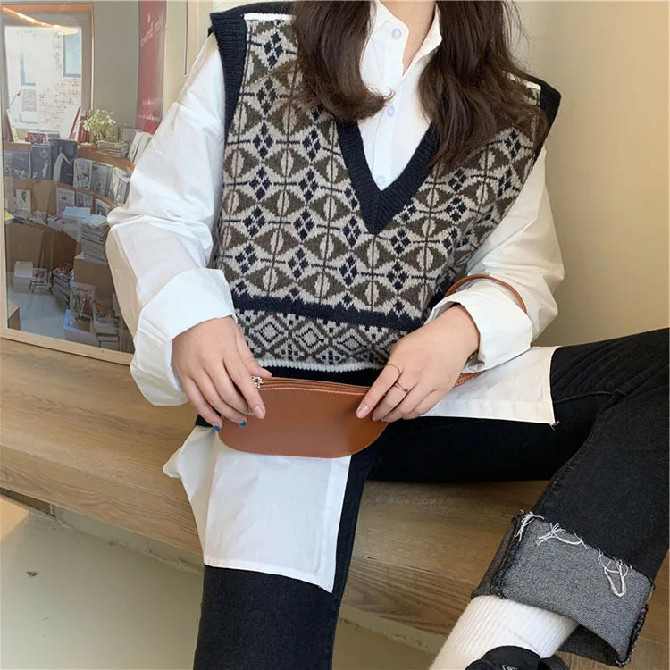 

Zoulv 2021 Spring/Autumn Student Knitted Vest Retro Color Matching Loose Vest Fashion Street England Joker V-neck Sweater Coat