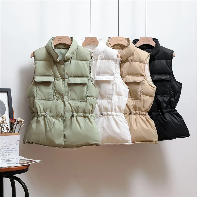 

Solid Short Style Vest for Women Cotton Padded Plus Size Women's Winter Sleeveless Jacket with pocket Stand Collar Casual Coats
