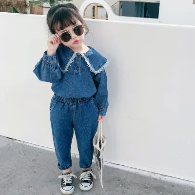 От 3 до 7 лет для маленьких девочек однотонный кружевной джинсовый костюм из двух