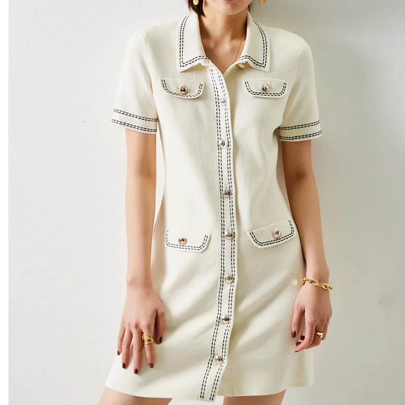 

French Knitted Button Mini Turn-down Collar Dress Sexy Summer 2021 Short Sleeve Robe Dresses Vintage Sheath Jurk Women