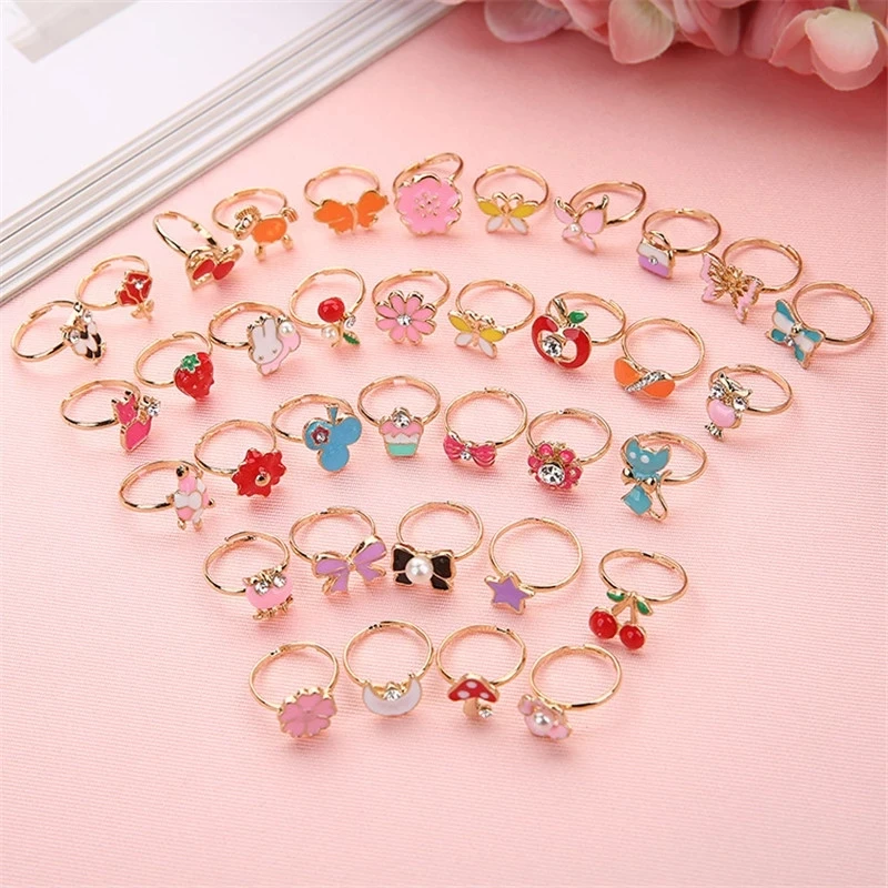 

10Pcs Mixed Style Anti Allergic Cute Animal Heart Star Bow Crystal Ring Adjustable Set Colorful Pearl Rings For Child Jewelry