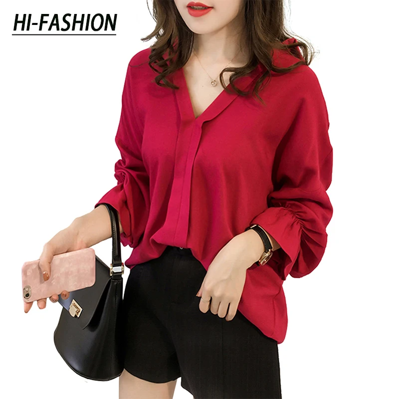 Женская офисная блузка Красная Шифоновая Блузка с длинным рукавом и v образным