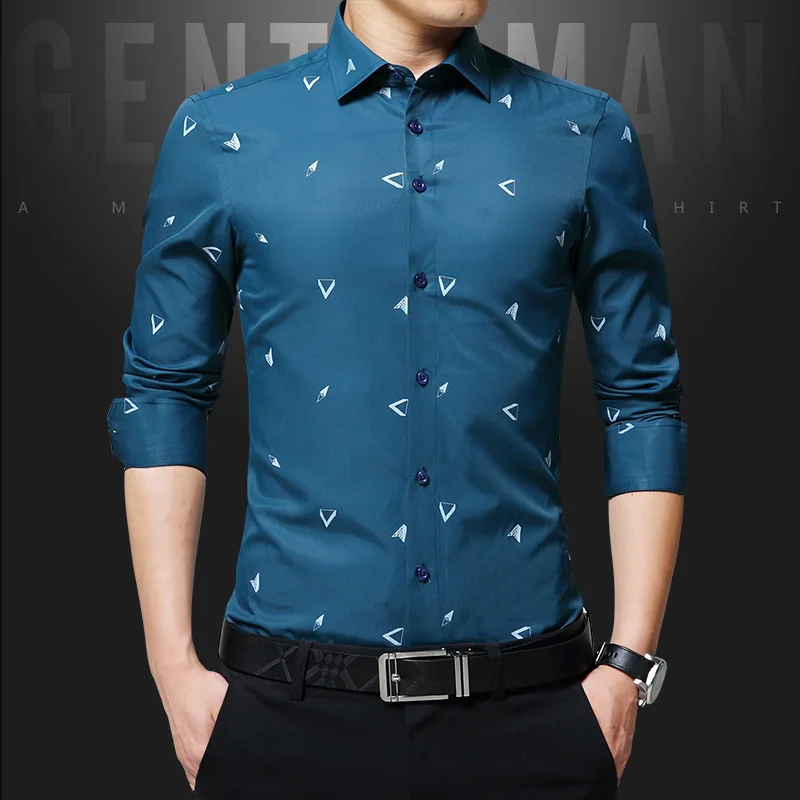 

Рубашка мужская с принтом жаккардовая, деловая Повседневная, приталенная, не требует глажки, с длинными рукавами, в Корейском стиле, 2021