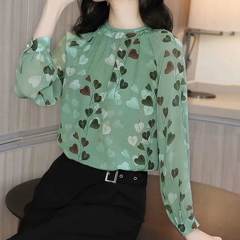 

2021 Spring Dress New Women's Imitation Silkworm Silk Long Sleeve Shirt Satin Small Shirt Fashion Printed Shirt Women