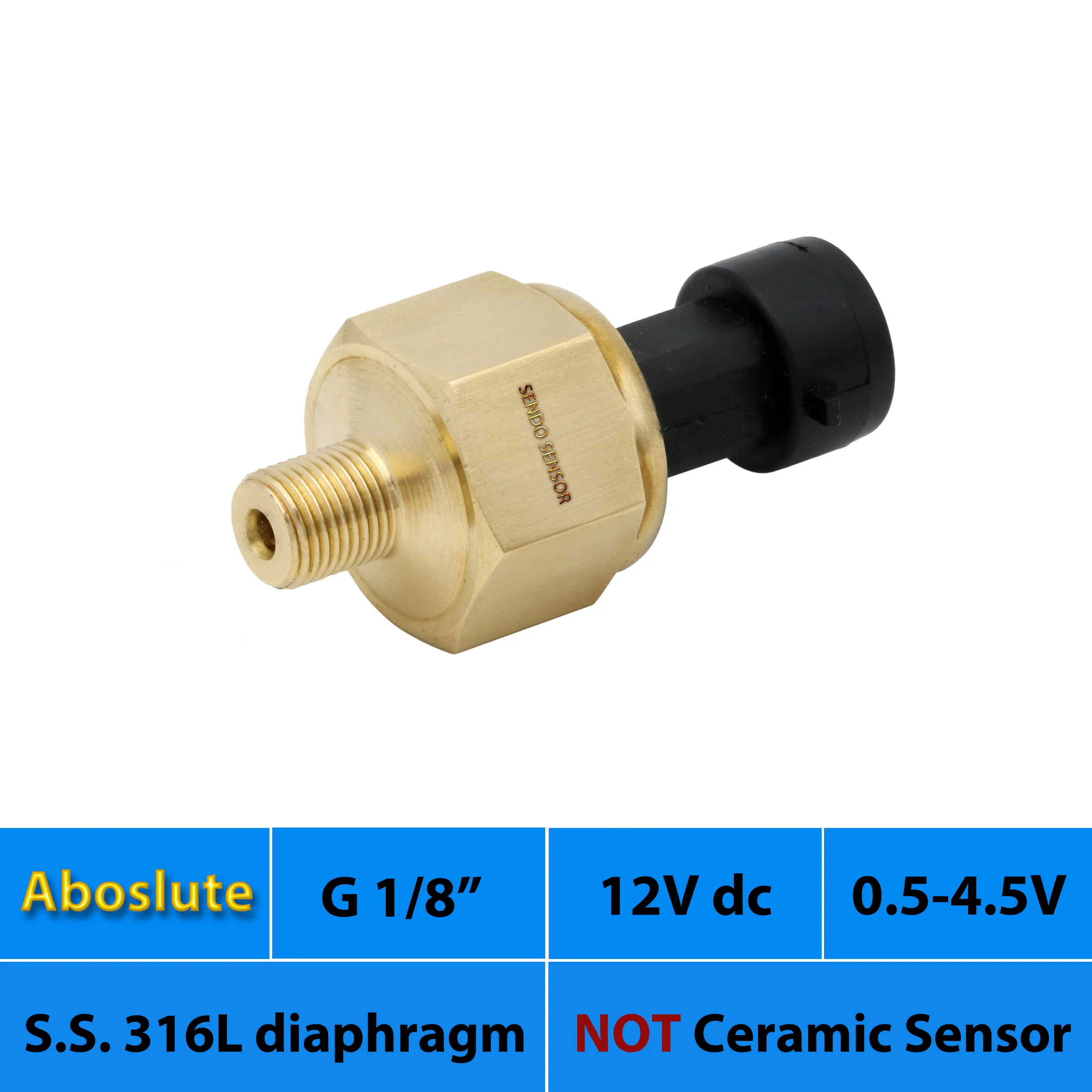 

0.5 4.5V signal, G1 8 thread, 2bar, 5bar, 10bar absolute, pressure transmitter, 12Vdc,15psi, 50 psi, 1.6mpa, aisi 316L diaphragm