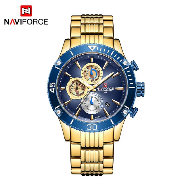 gold blue Новые мужские часы NAVIFORCE, армейские военные спортивные наручные часы, мужские водонепроницаемые часы с хронографом и датой, зеленые кварцевые часы, мужские часы - Цвет: gold blue