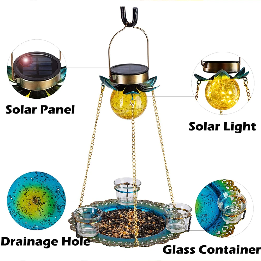 

Solar Powered Birds Feeder Outdoor Hanging Waterproof Birds Food Tray Garden Metal Flower Decorative LED Lighting B88