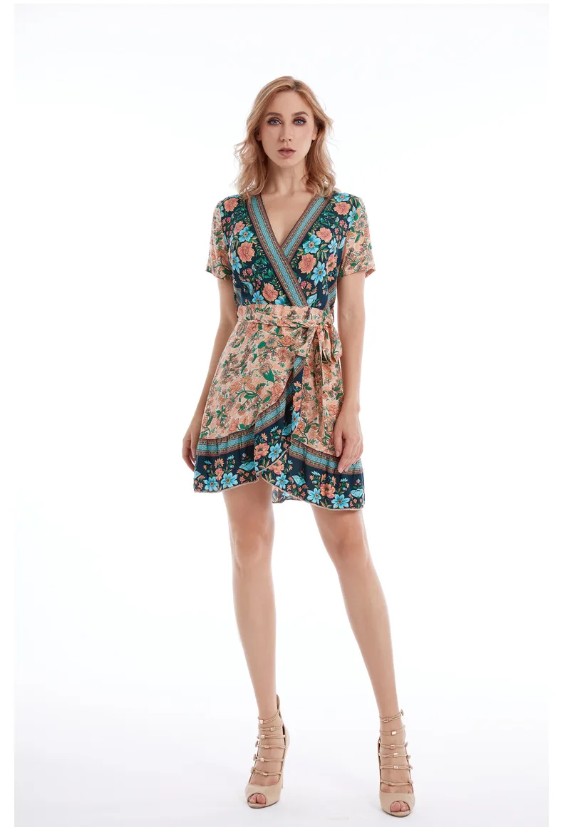 

2021 New Summer Retro Printed Short-sleeved Dress Euro-American Women's Clothing Vintage Sexy Dress Women