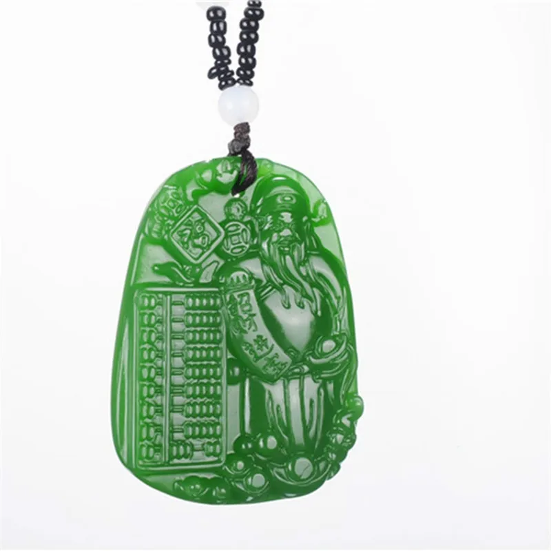 Китайский натуральный зеленый нефрит Бог богатства кулон ожерелье ручной резной