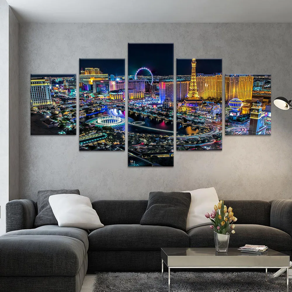 5 Панель животных Печать холст Картина Home Decor Wall Art Лас-Вегас ночной Secenry картины