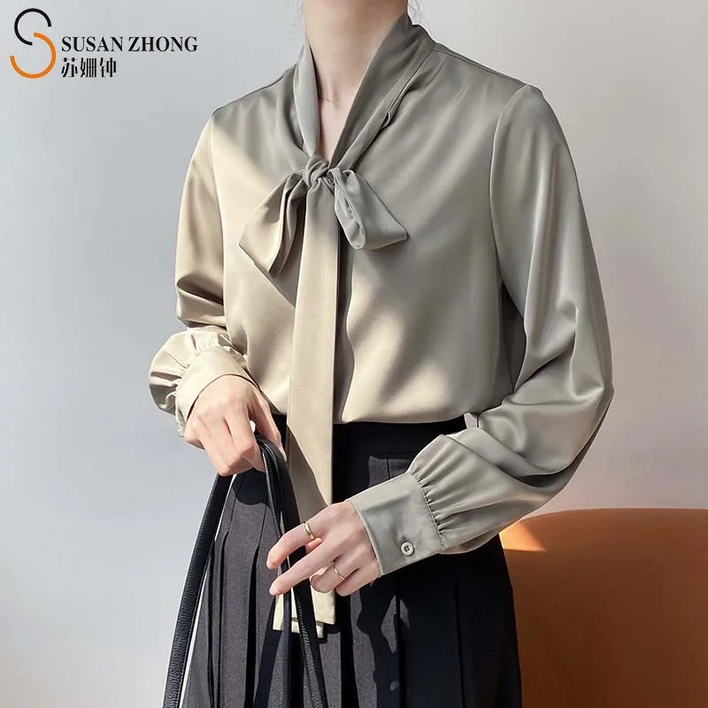 

Women Shirts Female Blouse Tops 2021 Spring Summer Fashion Office Loose Straight Bow Collar Lantern Sleeve Satin Silky Fabric