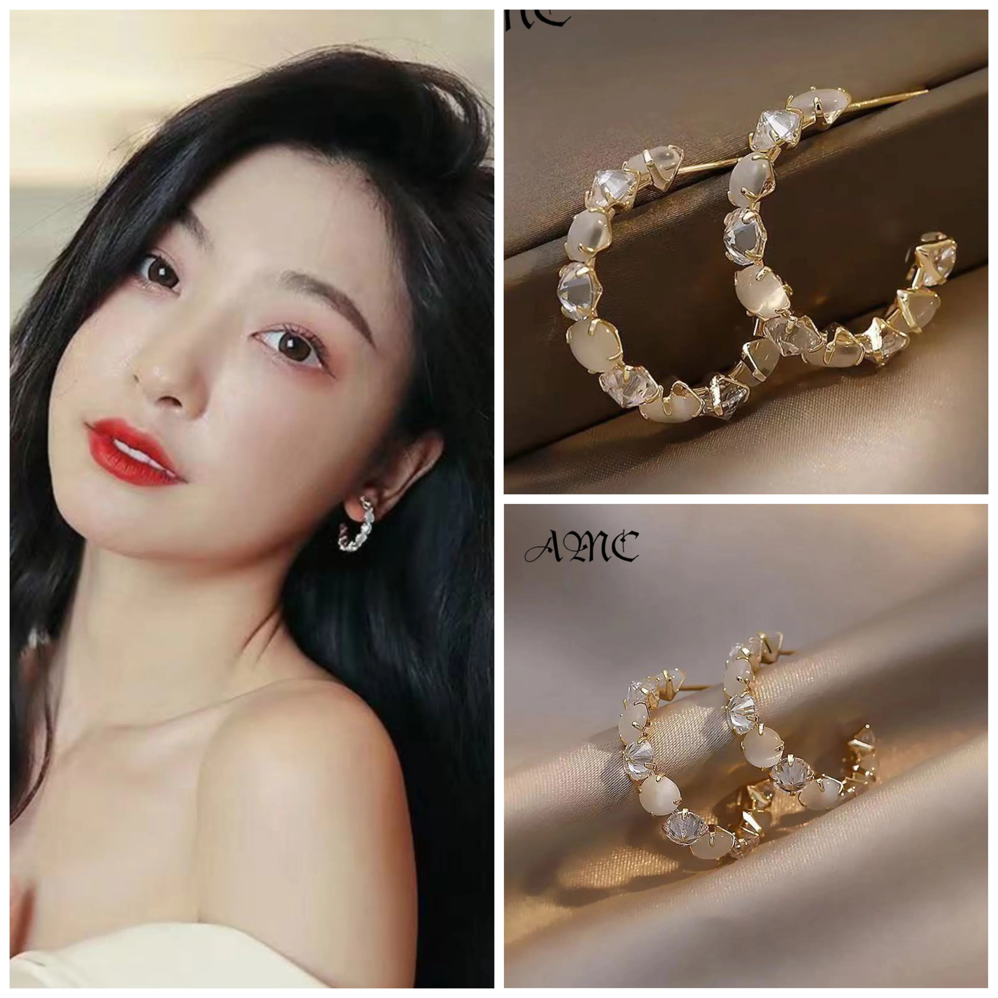 

AMC Vintage Opals Geometric Stud Earrings Women's Luxury Big Circle Drop Earrings 925 Silver Needle Retro C-shap Earring Jewelry