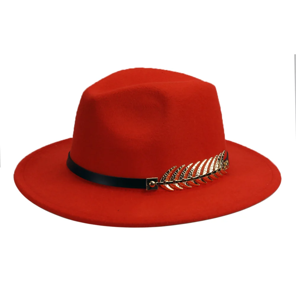 Orange trilby hat Зимняя фетровая шляпа с металлическим поясом, Женская фетровая шляпа с широкими полями, мужская фетровая шляпа, фетровая шляпа, Панама, кепки, винтажная верхняя шляпа, женская шапка YY18001 - Цвет: Orange trilby hat