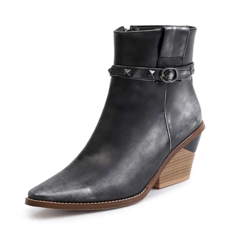 Новинка 2019 года ковбойские Полусапоги женские ботинки на танкетке с острым