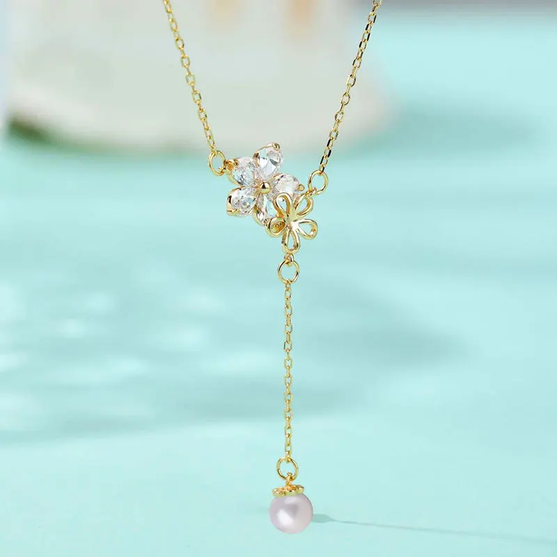 

925 Sterling Silver Flowers Pandent Choker Necklace for Women Pearl Charm Jewelry Clavicle Chain Necklace Classic Party Jewelry