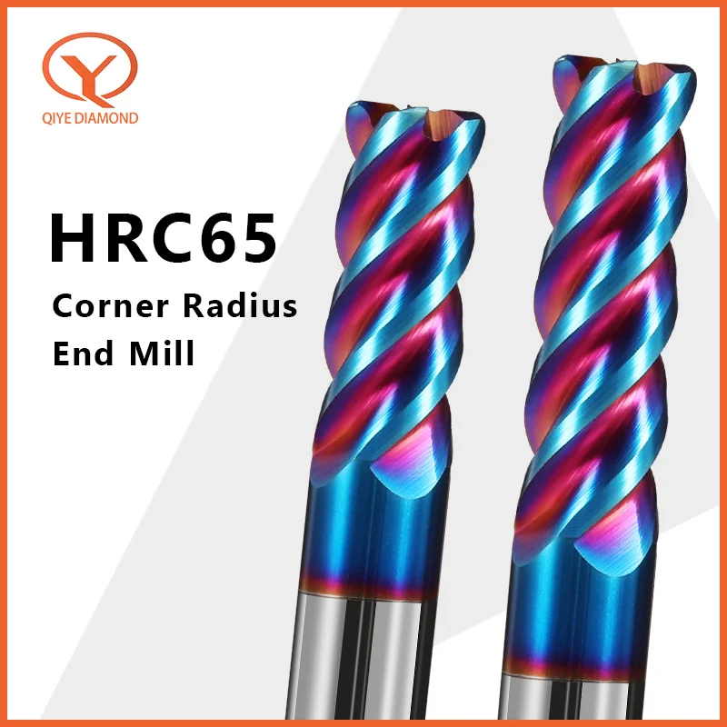 

QIYE Solid Carbide Corner Radius End Mills HRC65 4 Flutes Nano Blue Coating CNC Tools HRC65 Endmills R0.5 R1~8 Surface Machining