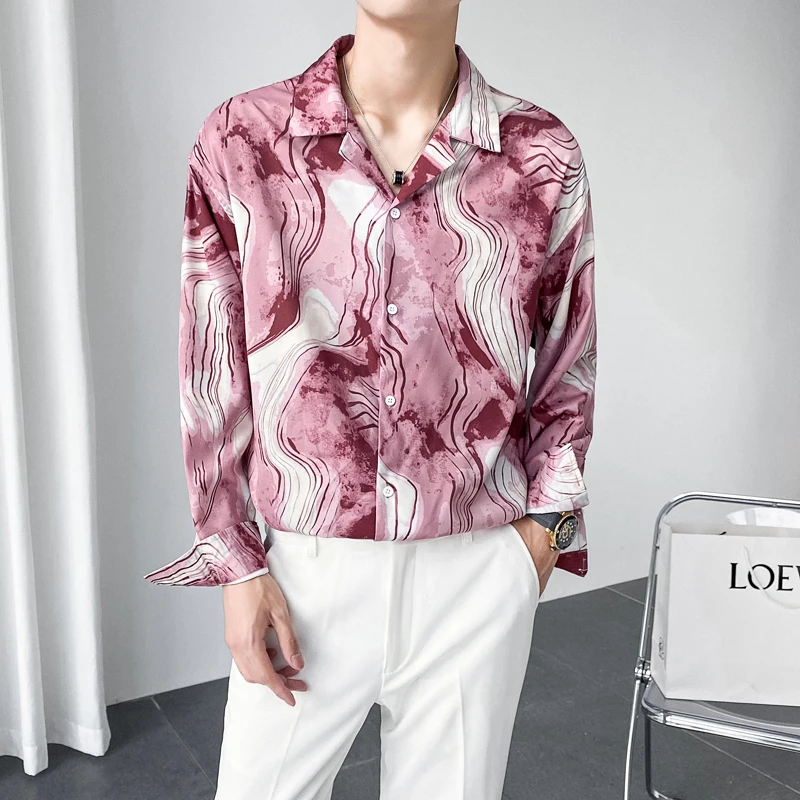 2021 Autumn Printed Shirt for Men Long Sleeve Loose Casual Shirt Korean Streetwear Social Party Tuxedo Nightclub Chemise Homme