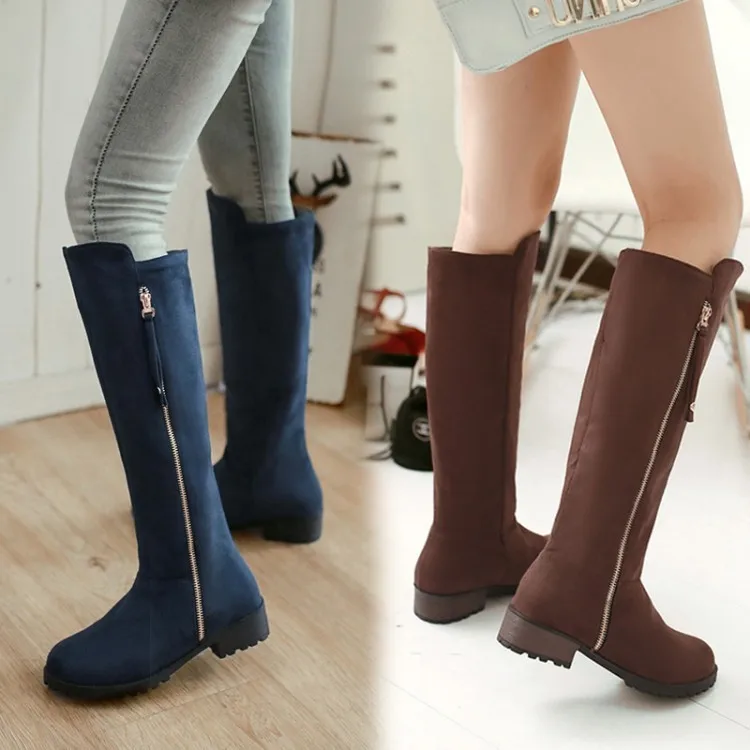 Женские сапоги выше колена замшевые до бедра на низком каблуке теплая зимняя