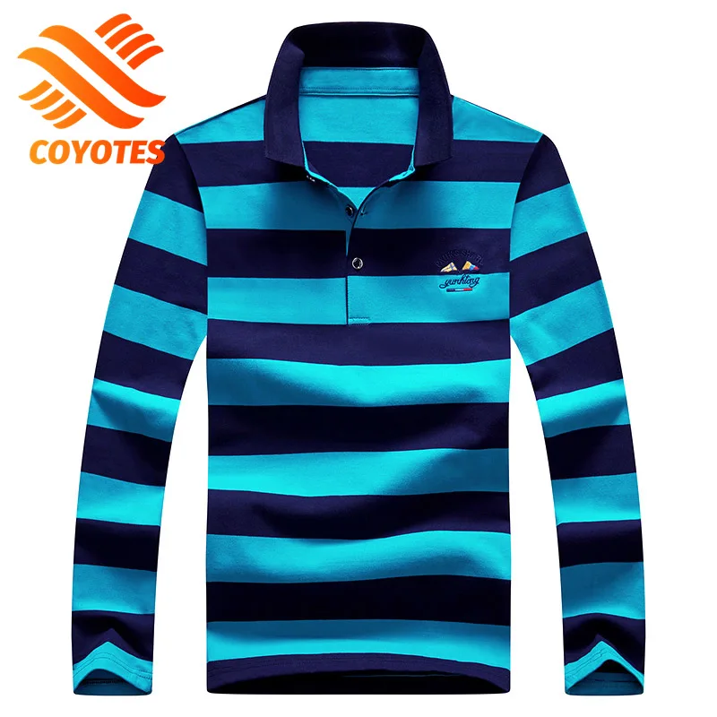 

COYOTES Hot 2021 Stripe Men Polo Shirt Cotton Long Sleeve Shirt 2021 Spring Autumn Embroidery Warm Casual Fashion Polo Shirts