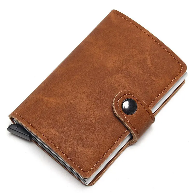 light brown (buckle) RFID блокировка винтажный автоматический кожаный кредитный держатель для карт для мужчин алюминиевый сплав металл бизнес ID многофункциональный держатель для карт кошелек - Цвет: light brown (buckle)