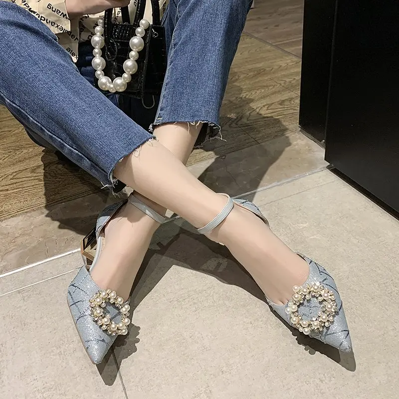 

Fashion Womens Shoes 2021 Sandals Straps High Heels All-Match Suit Female Beige Luxury Summer Low High-heeled Clear Elastic Ban