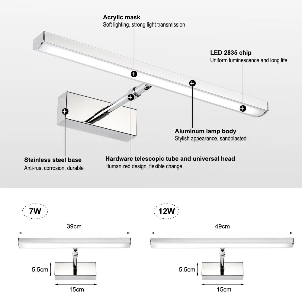 

Mirror Light 7W 12W LED Wall Light Cabinet Vanity Light Washroom Makeup Light IP20 Cold White Warm White Neutral White