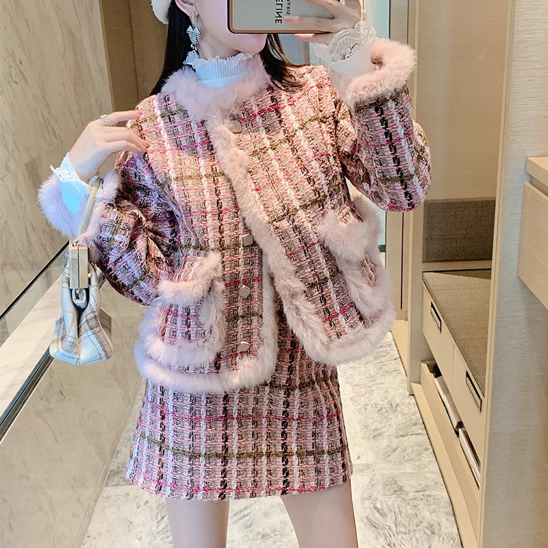 

2021 Autumn And Winter New Small Fragrance Pink Single Breasted Coat Suit Tweed Foreign Style Age Reduction Two Piece Set