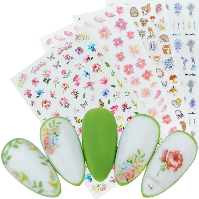 

1 Sheet Ultra thin Gummed 3D Nail Art Sticker Lavender Rose Mushroom Cartoon Animal Pattern Nail Slider Decoration Decals