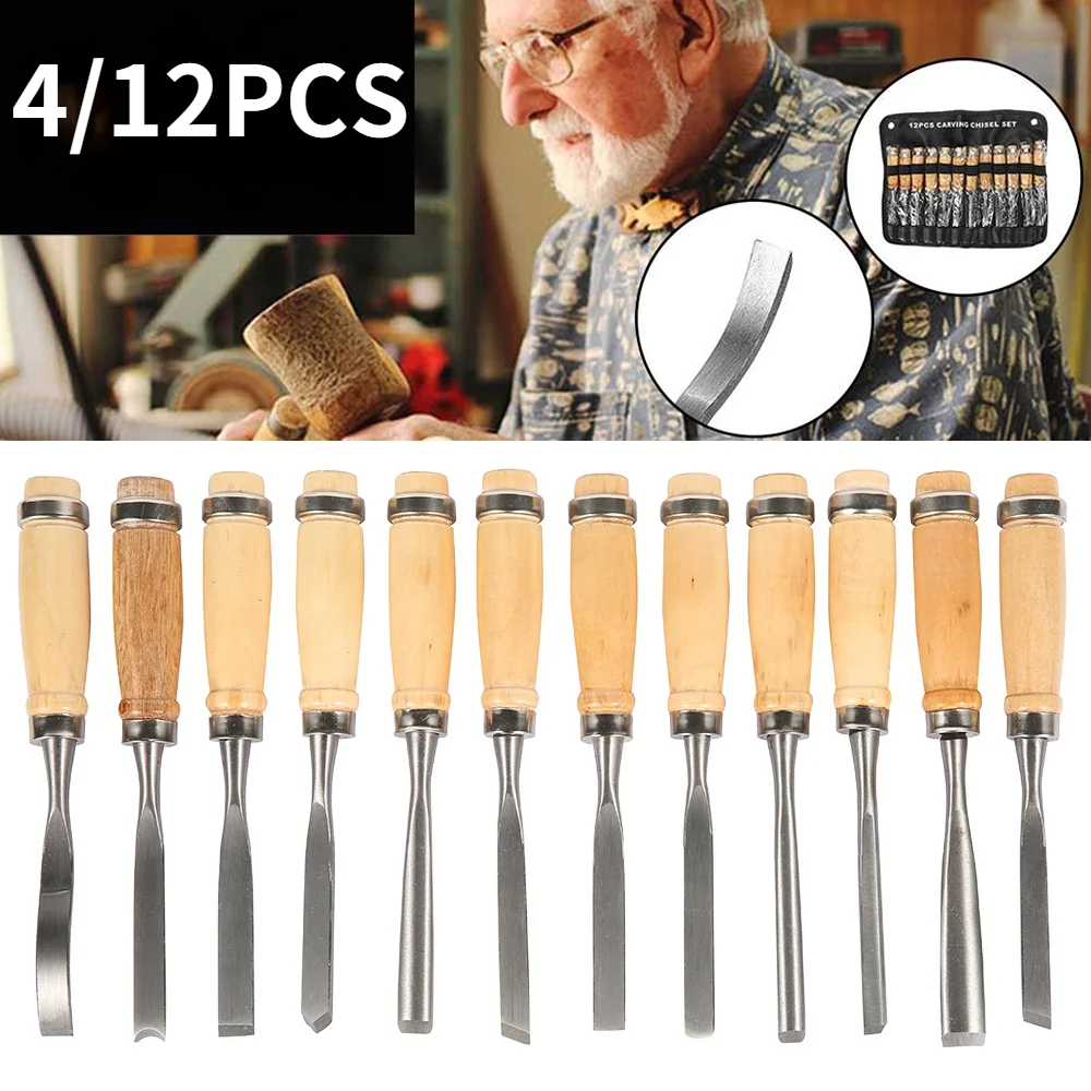

4/12PCS Professional woodcarving chisels sharp woodworking tools manual woodcarving DIY tool kit with wooden handle