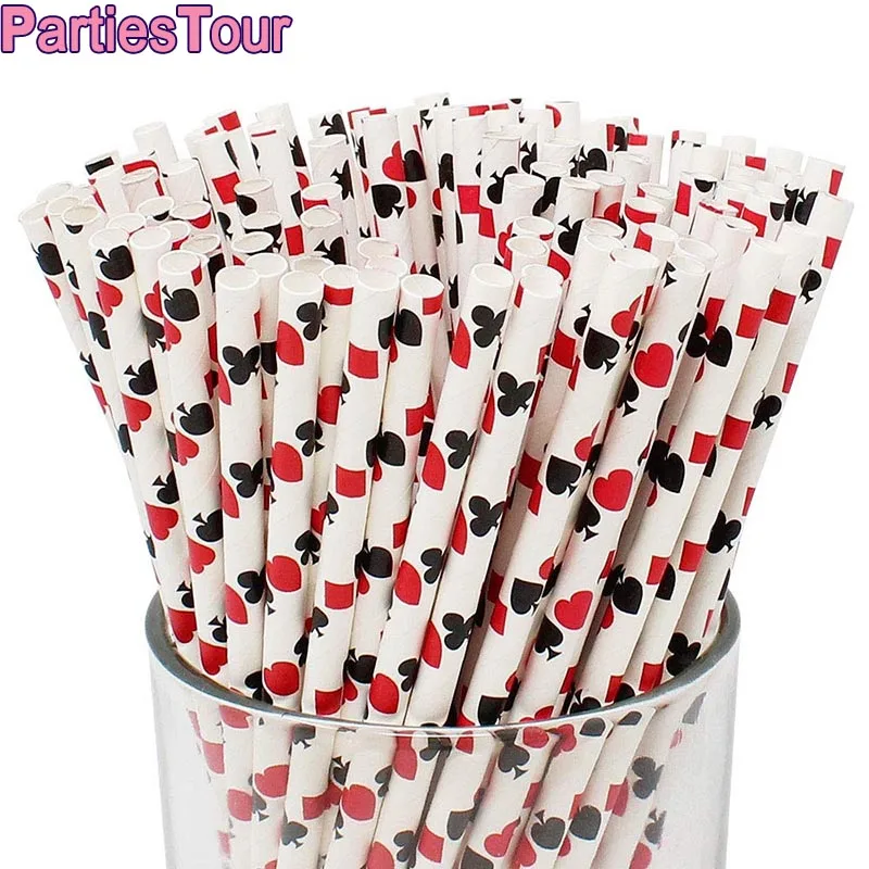 50pcs Casino Night Theme Paper Straws Peach Heart Plum Recipe Design Black Red White Drinking Straws for Adult Las Vegas Party