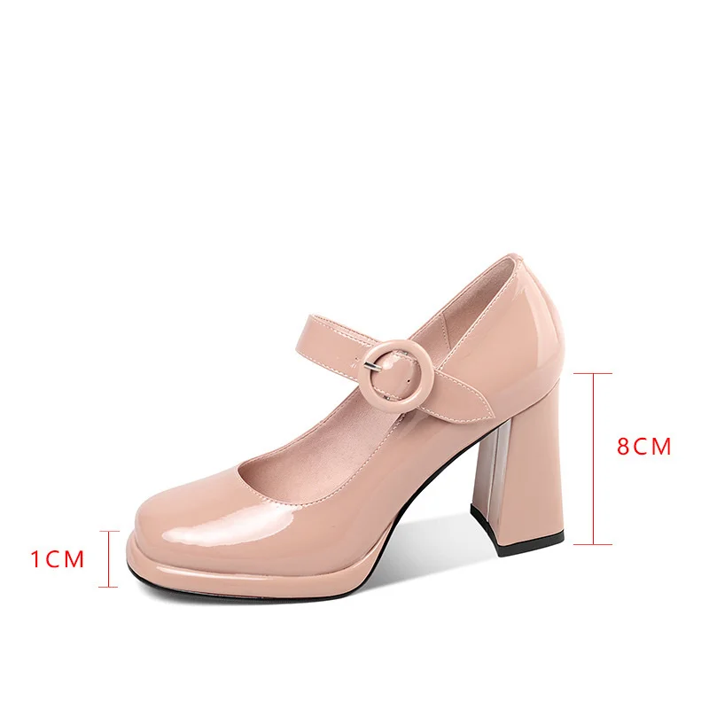 

High heeled single shoes women's new fall 2021 leather thick heel button strap versatile light mouth nude high heeled shoes 8cm