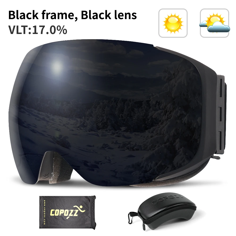Black Lens COPOZZ бренд Магнитные очки для катания на лыжах и сноуборде с чехол анти-туман UV400 двойной защиты объектива Для мужчин и Для женщин Горные лыжи очки - Цвет: Black Lens