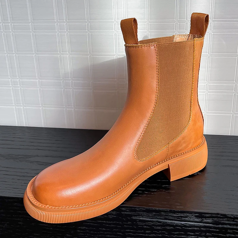 

SKLFGXZY 2021 Genuine Leather Women Boots Luxury Brand Platform Boots Women Chunky Heel Chelsea Boots Women Ankle Winter Shoes