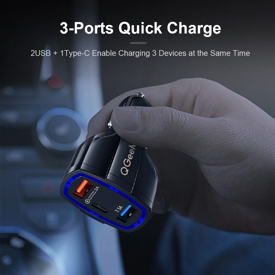 QGEEM QC 3,0 USB C автомобильное зарядное устройство с 3 портами Быстрая зарядка 3,0 быстрое зарядное устройство для автомобильного телефона зарядный адаптер для iPhone Xiaomi mi 9 Red mi