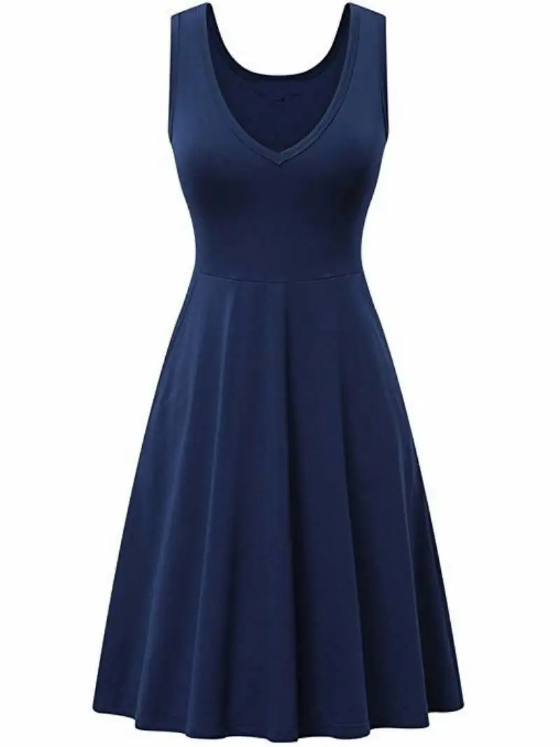 

Women V-neck Pocket Summer Dress 2021 Solid Color Women's Sleeveless Midi Dresses Plus Size Beach Vest Dress Vestido de Mujer4XL