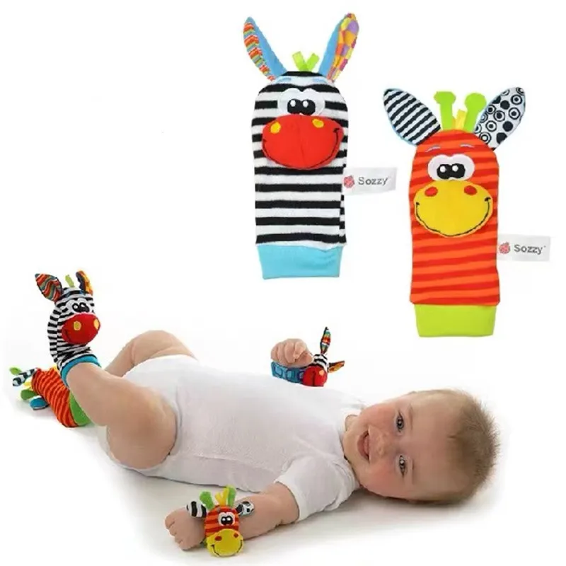 

2pcs Infant Newborn Socks Rattle Toys Wrist Rattle And Foot Socks Baby Sensory Toys Wrist Socks Animal Cute Cartoon Baby Sock