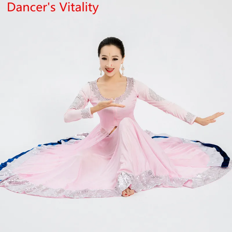 

Indian Dance Printing Slim Fit Imitated Silk Fiber Splicing Coat Skirt Set Women Adult Oriental Belly Dance Performance Suit