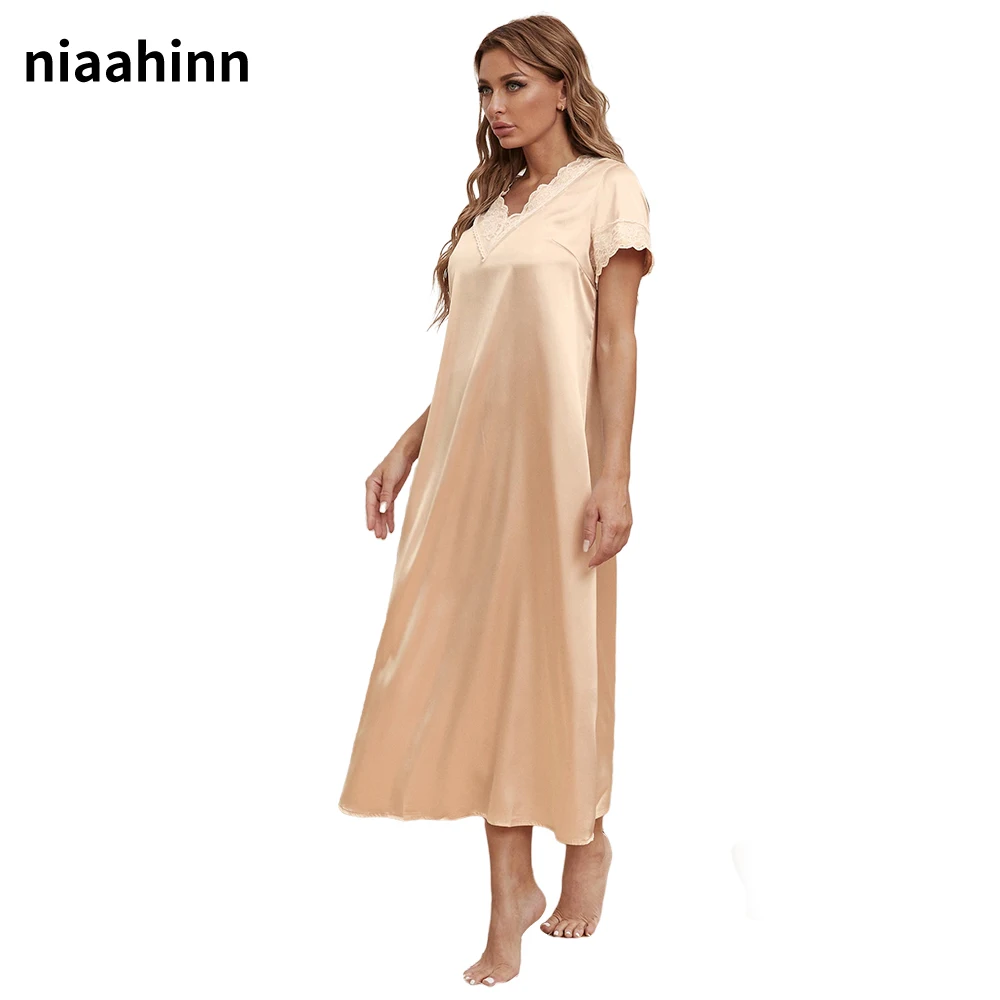 

Ночная рубашка свободного покроя, милый халат, летнее Сексуальное белье с коротким рукавом, шелковистая Домашняя одежда, ночная рубашка, од...