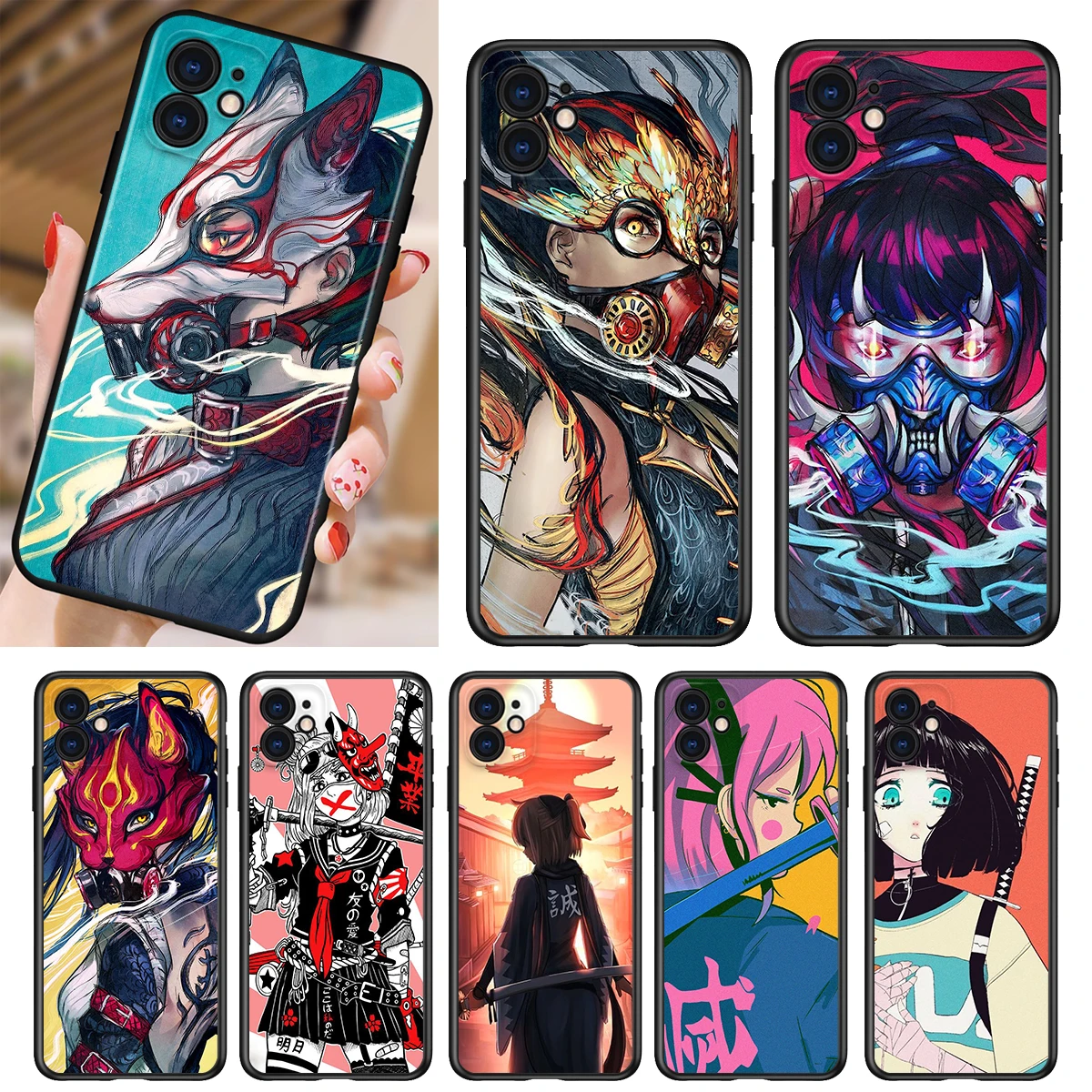 

Phone Case For Apple iPhone 13 12 11 SE XS XR X 7 8 6 5 S mini Plus Pro MAX 2020 Anime girl samurai Black Soft Cover