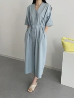 womens v neck short sleeved cotton long dresses summer with belted buttoned solid color cotton linen casual loose long skirt