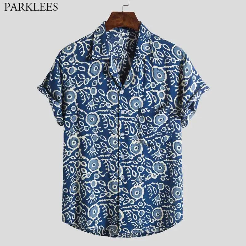 

Blue Hawaiian Beach Shirt for Men 2021 Summer New Short Sleeve Tropical Aloha Shirts Mens Casual Button Down Vacation Clothing