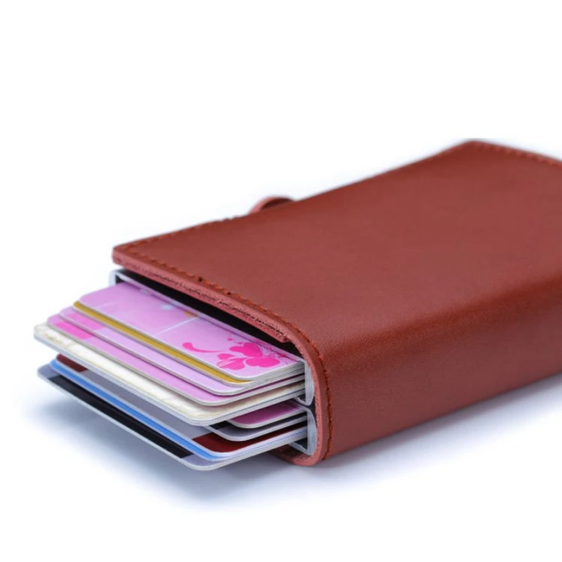 Винтажный держатель для карт из натуральной кожи Rfid блокирующий Кошелек Алюминиевый унисекс Crazy Horse кожаный двойной металлический кредитный держатель для карт s