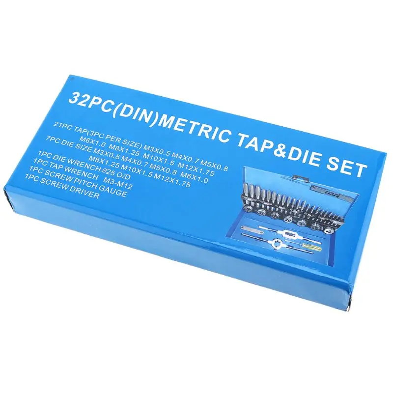 

32pcs Metric Tap and Die Set Alloy Steel M3-M12 Wrench Screwdriver Drill Bits Hand Threading Tool
