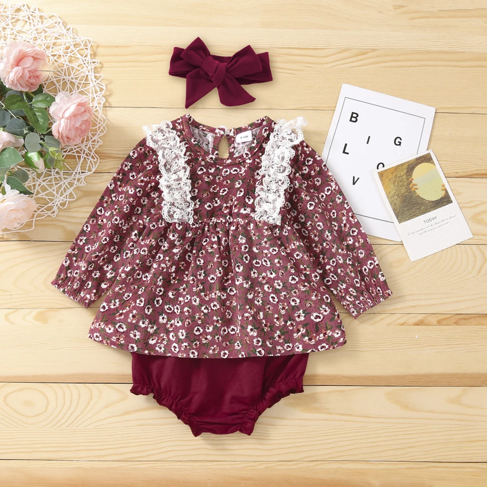 Four Seasons Baby Girl Dress Set Lace Long Sleeve Casual Dress Bow Boxer Pants Flowers are Suitable for Babies Aged 0-18 Months