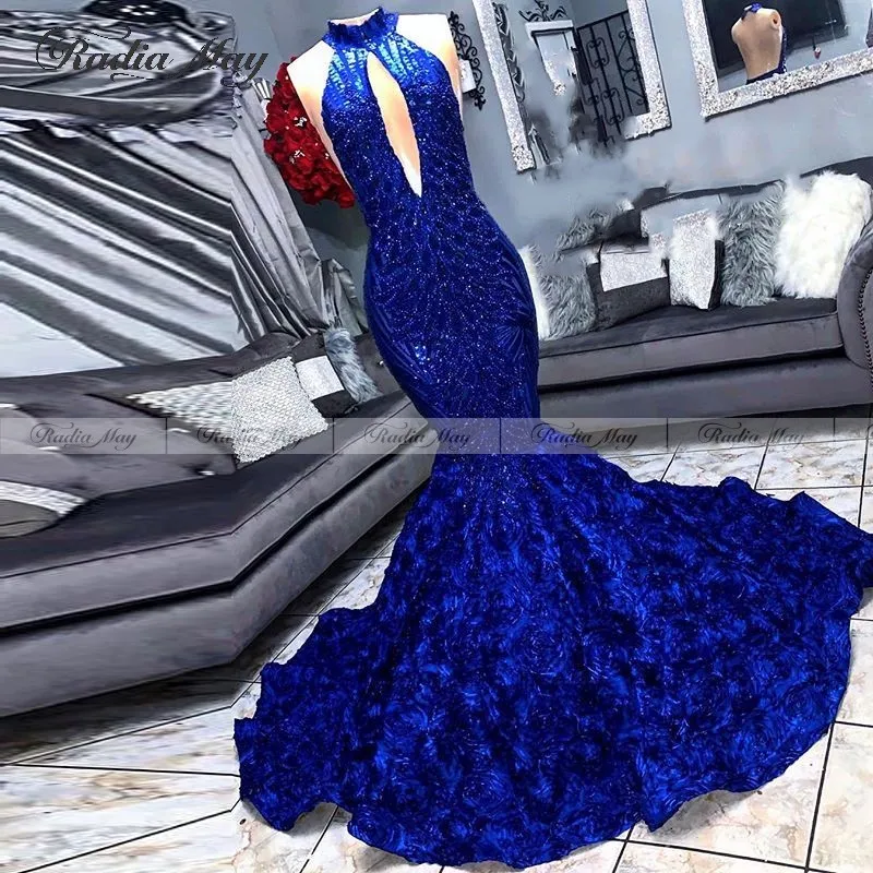 Королевский синий 3D Цветочный Русалка африканские платья для выпускного вечера