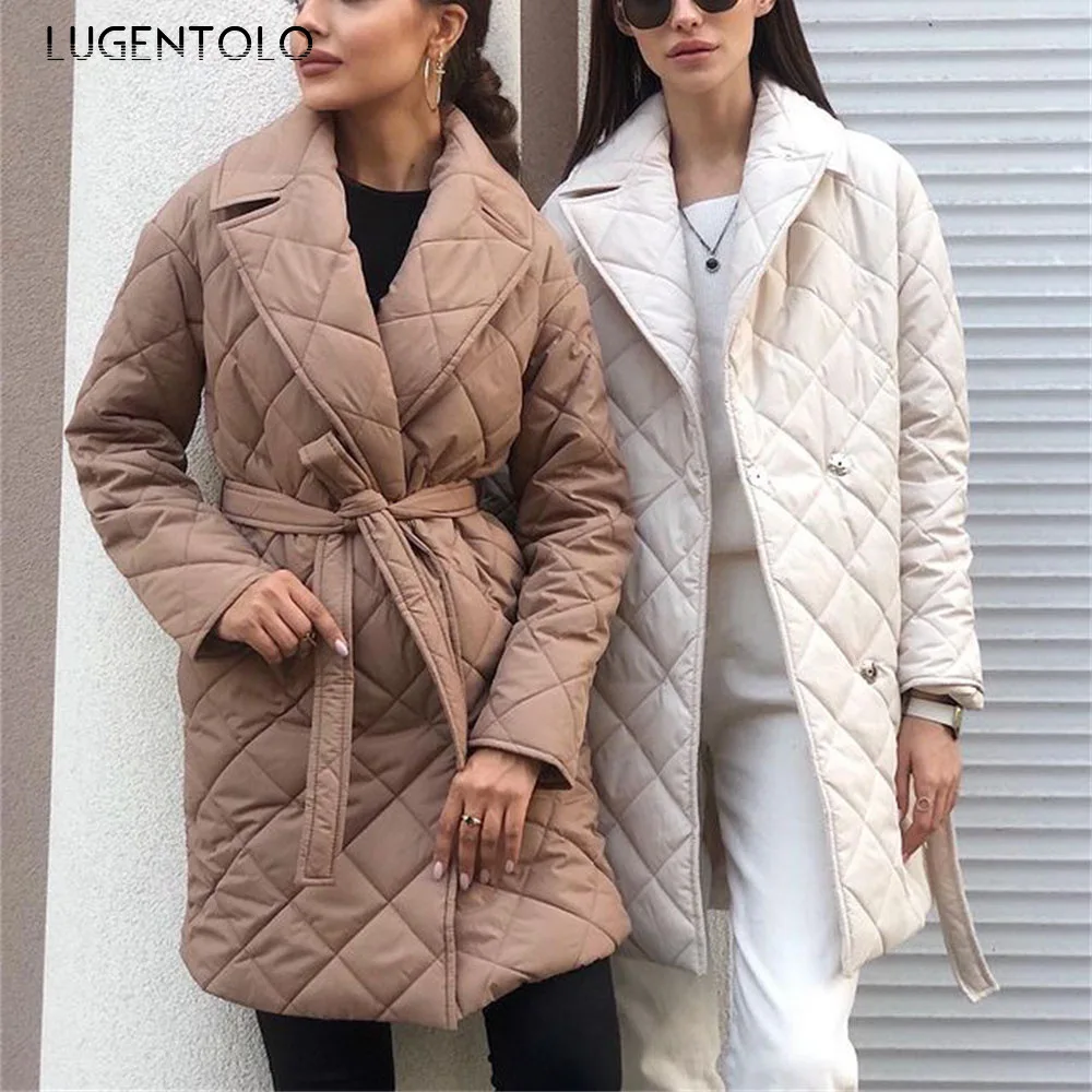 

Парка Lugentolo с лацканами для женщин, Осень-зима, модное тонкое пальто, женская повседневная однобортная универсальная куртка-пуховик с карма...