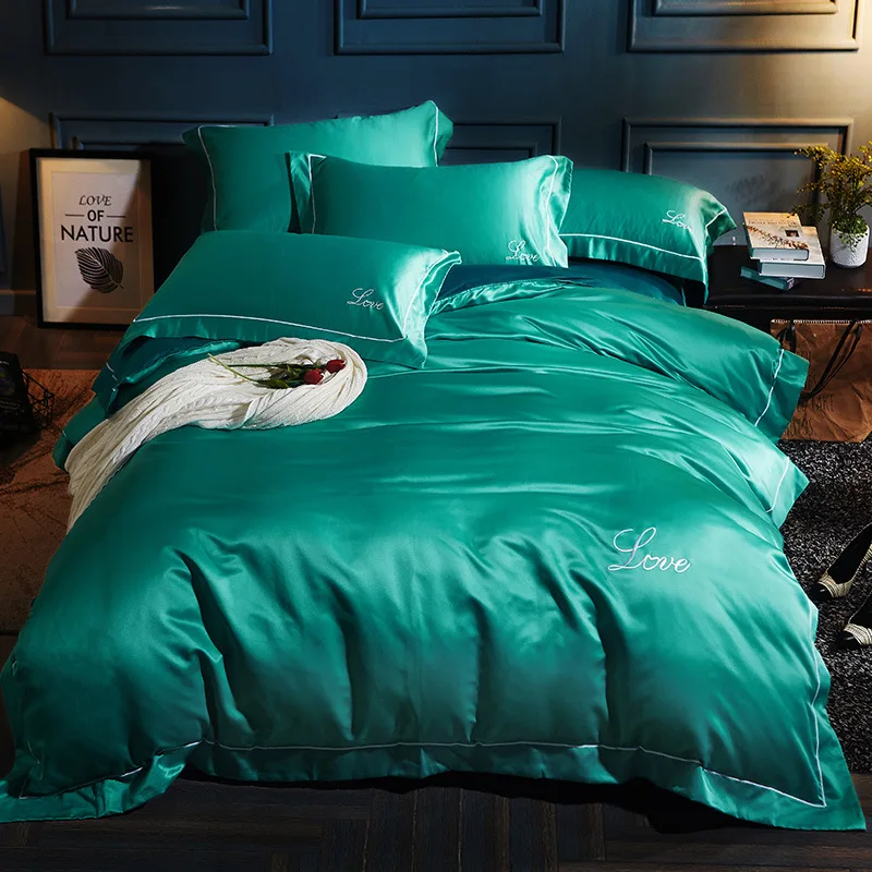 

Washed Silk Fiber Summer Bedding Set Cotton Cool Bed Set Embroidery Duvet Cover Fitted Sheet Flat Sheet 4pcs Bedclothes Home Bed
