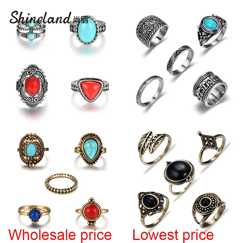 Shineland 5 шт./компл. дешевое винтажное геометрическое кольцо набор синий красный